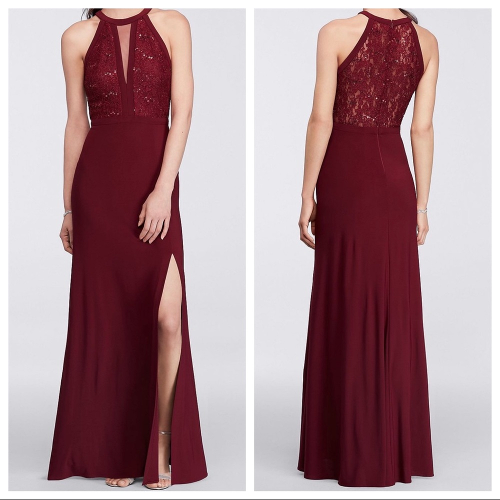 Long Halter Split Front Dress with Illusion Cutout